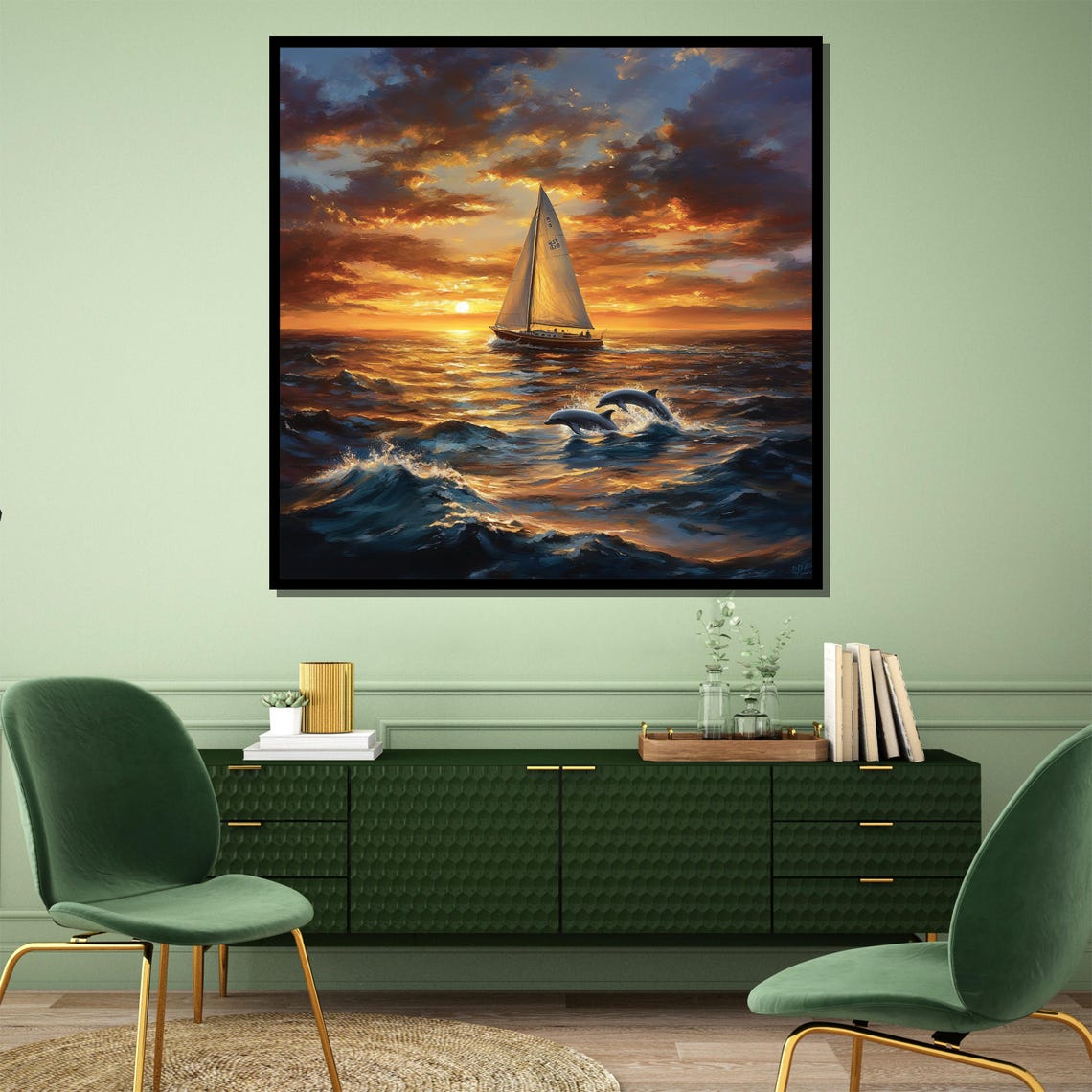 Golden Sailing Sunset With Dolphins Leaping Ocean Waves Poster - Image 4