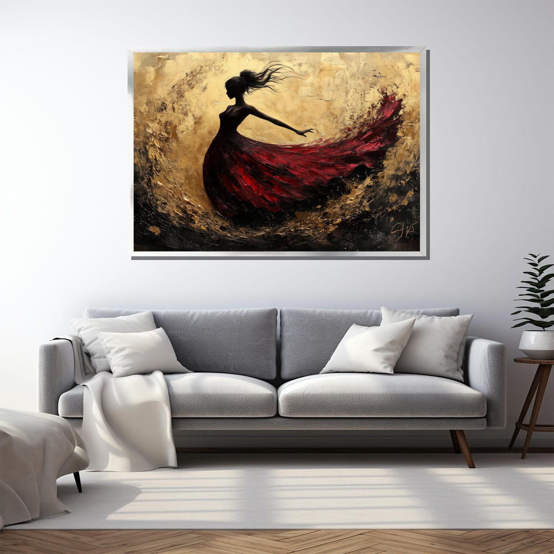 Golden Dancer Silhouette in a Red Dress in Swirling Motion Poster - Image 3