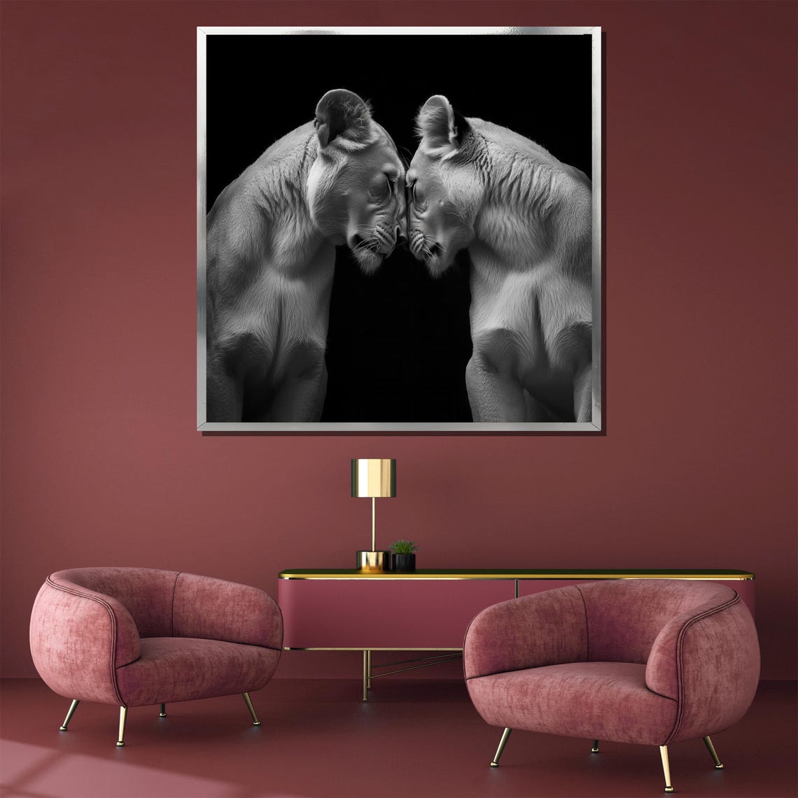 White Lioness Duo Nose To Nose Striking Black Background Poster - Image 3