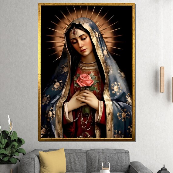 Virgin Mary Holding Rose Halo Guadalupe Style Religious Poster
