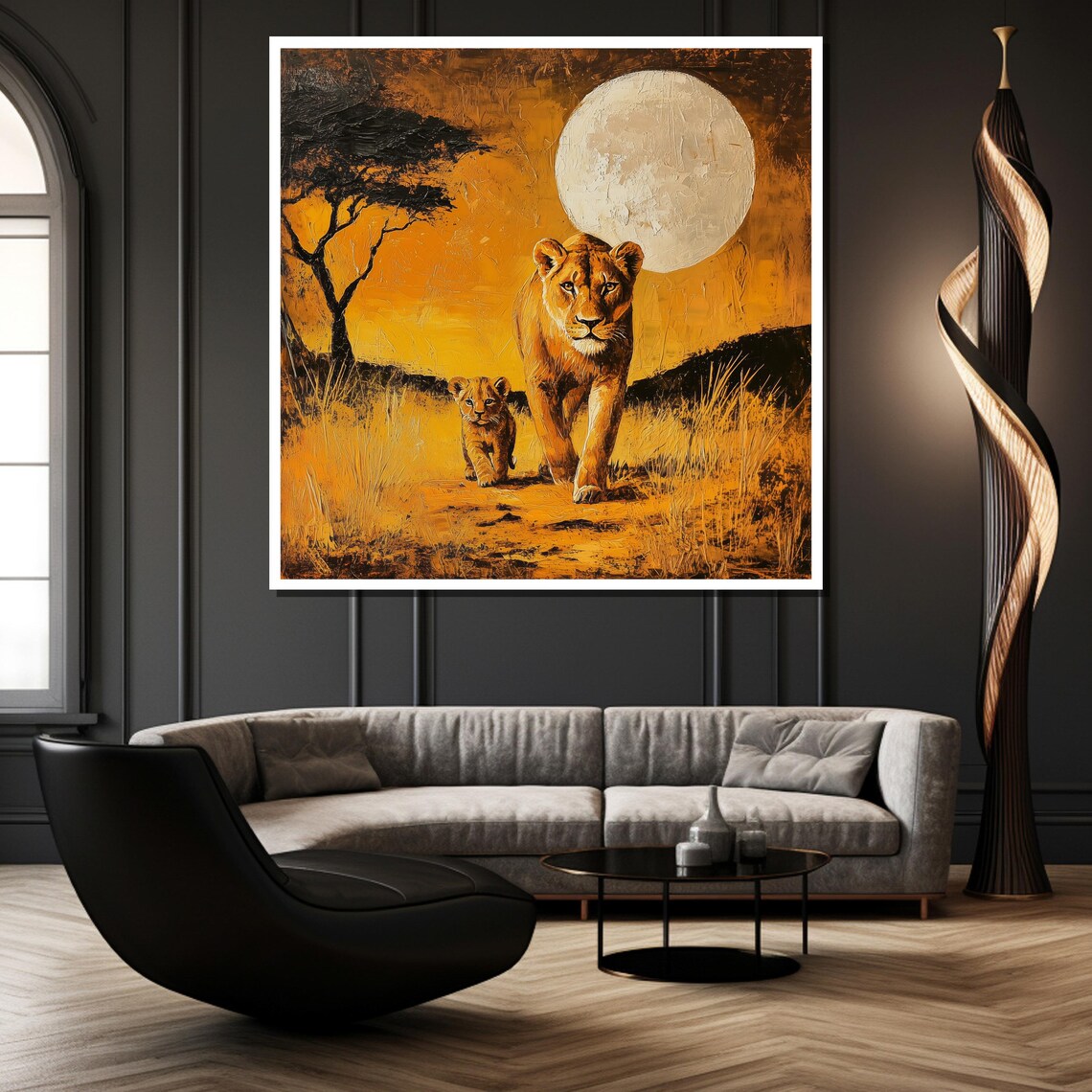 Lioness and Cub Walking Together Under a Golden Moon Savanna Poster - Image 2
