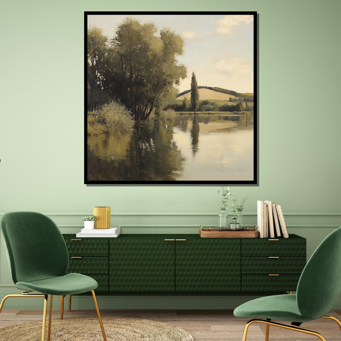 Serene Lakeside Reflections Vintage Landscape Painting Art Poster - Image 4