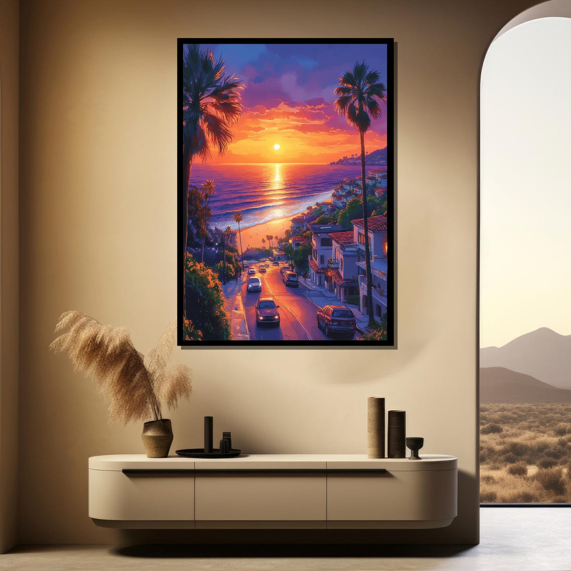 Coastal Beach Town Sunset Street With Palm Trees Ocean Art Poster - Image 4