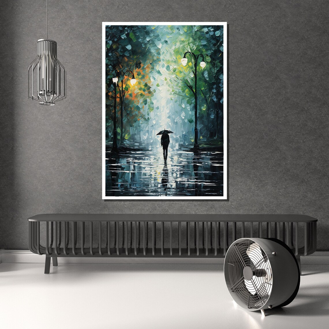 Solitary Umbrella Figure Walking A Rainy Teal Park Avenue Poster - Image 3