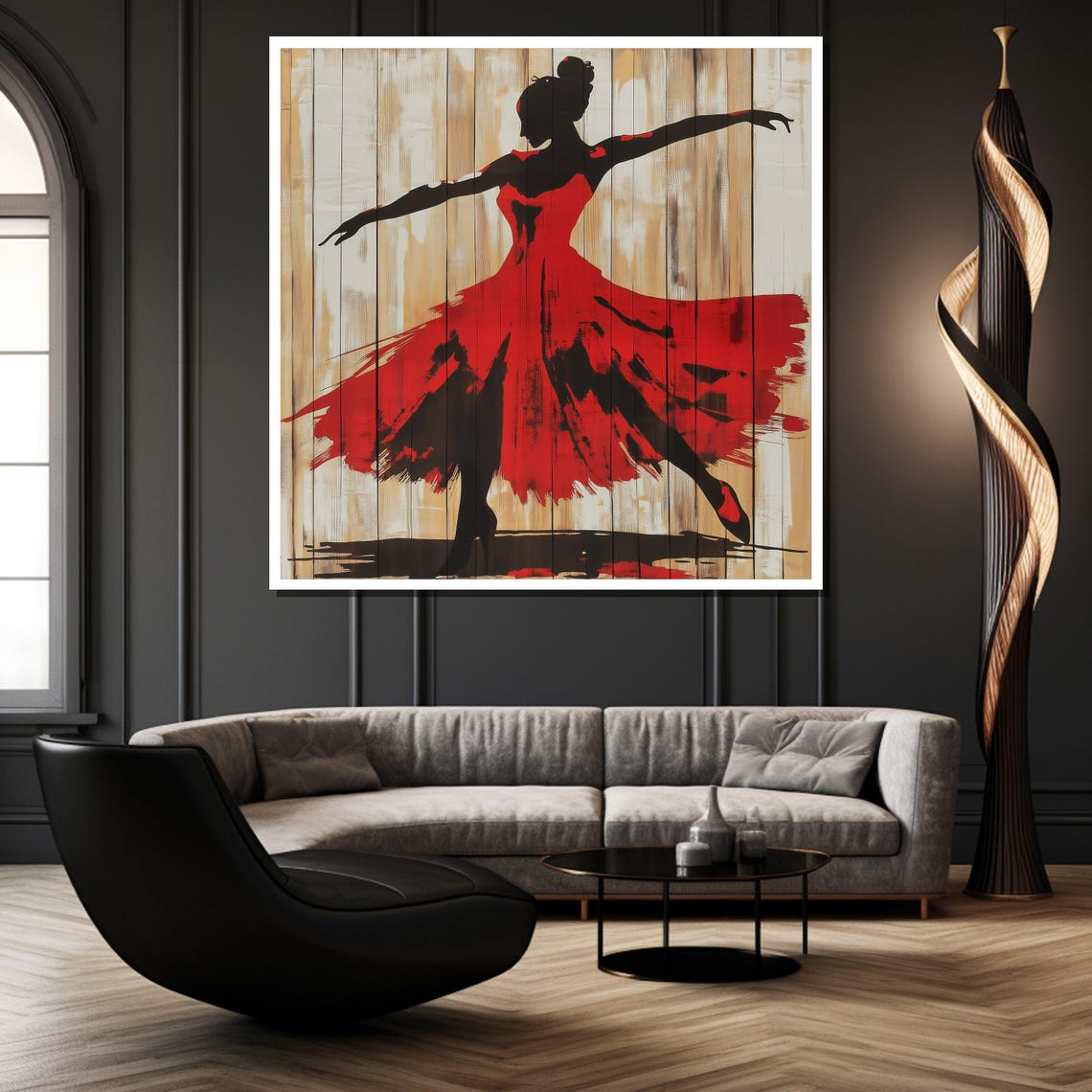 Flamenco Dancer Silhouette in Red on Rustic Wood Planks Poster - Image 2