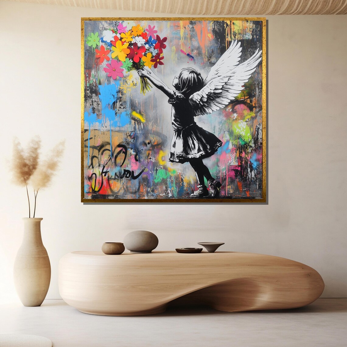 Angel Girl Holding Colorful Flowers Graffiti Style Art Poster