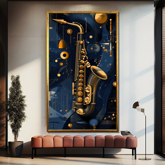 Golden Saxophone Floating on Midnight Blue Cosmic Modern Art Poster