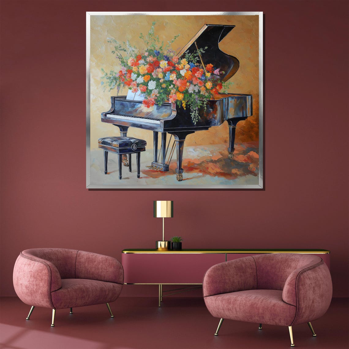 Grand Piano Overflowing With Colorful Flowers Painting Poster - Image 3