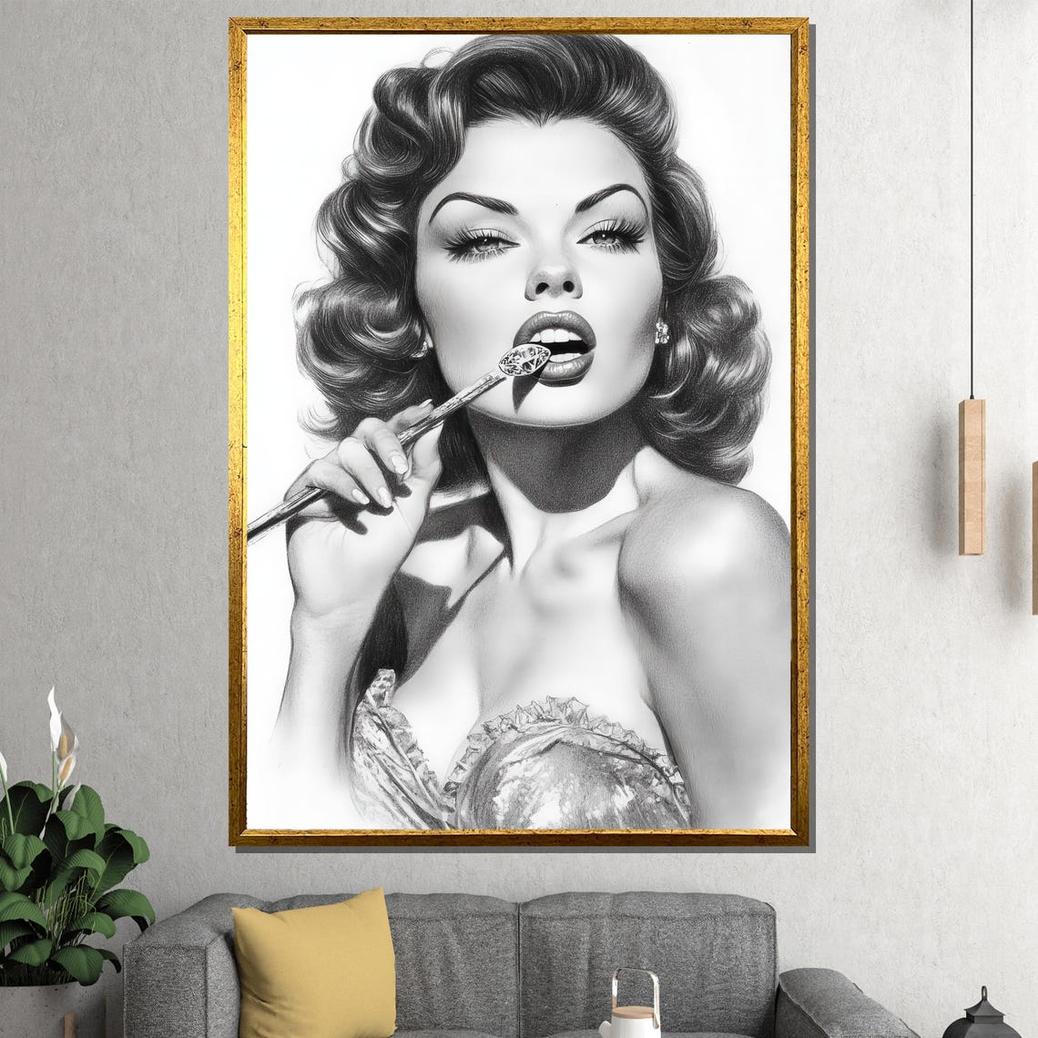 Retro Pin Up Woman Portrait With Cigarette Holder Black White Poster