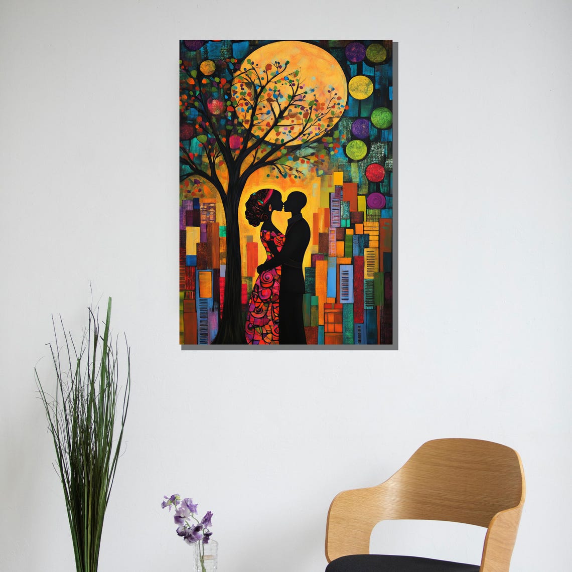 Vibrant Abstract Couple Silhouette Golden Moon Cityscape Poster - Image 3