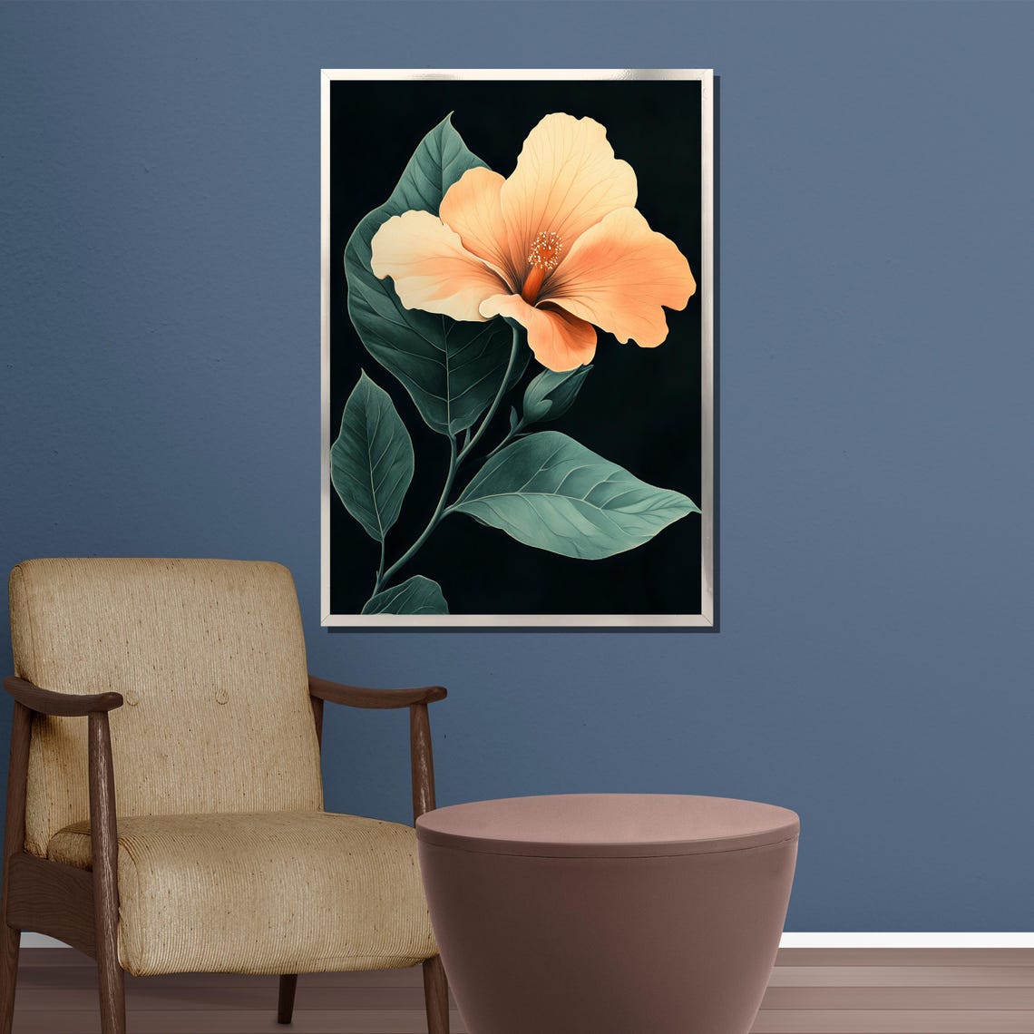 Peach Orange Hibiscus Bloom On Black Tropical Floral Art Poster - Image 3