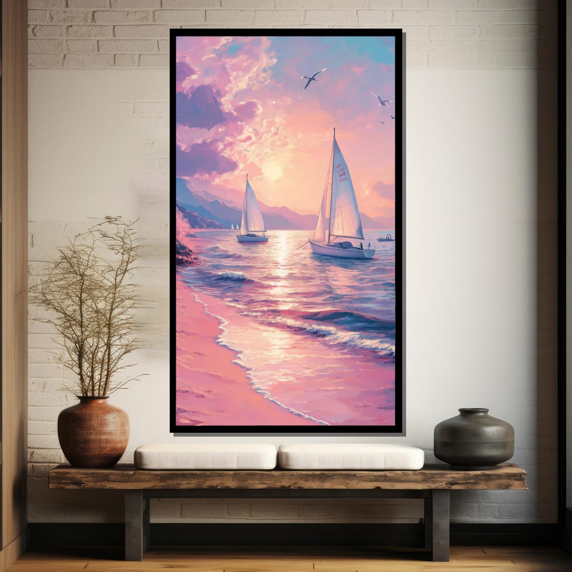 Pink Sunset Sailboats Gentle Shore Waves Scene Romantic Poster - Image 4