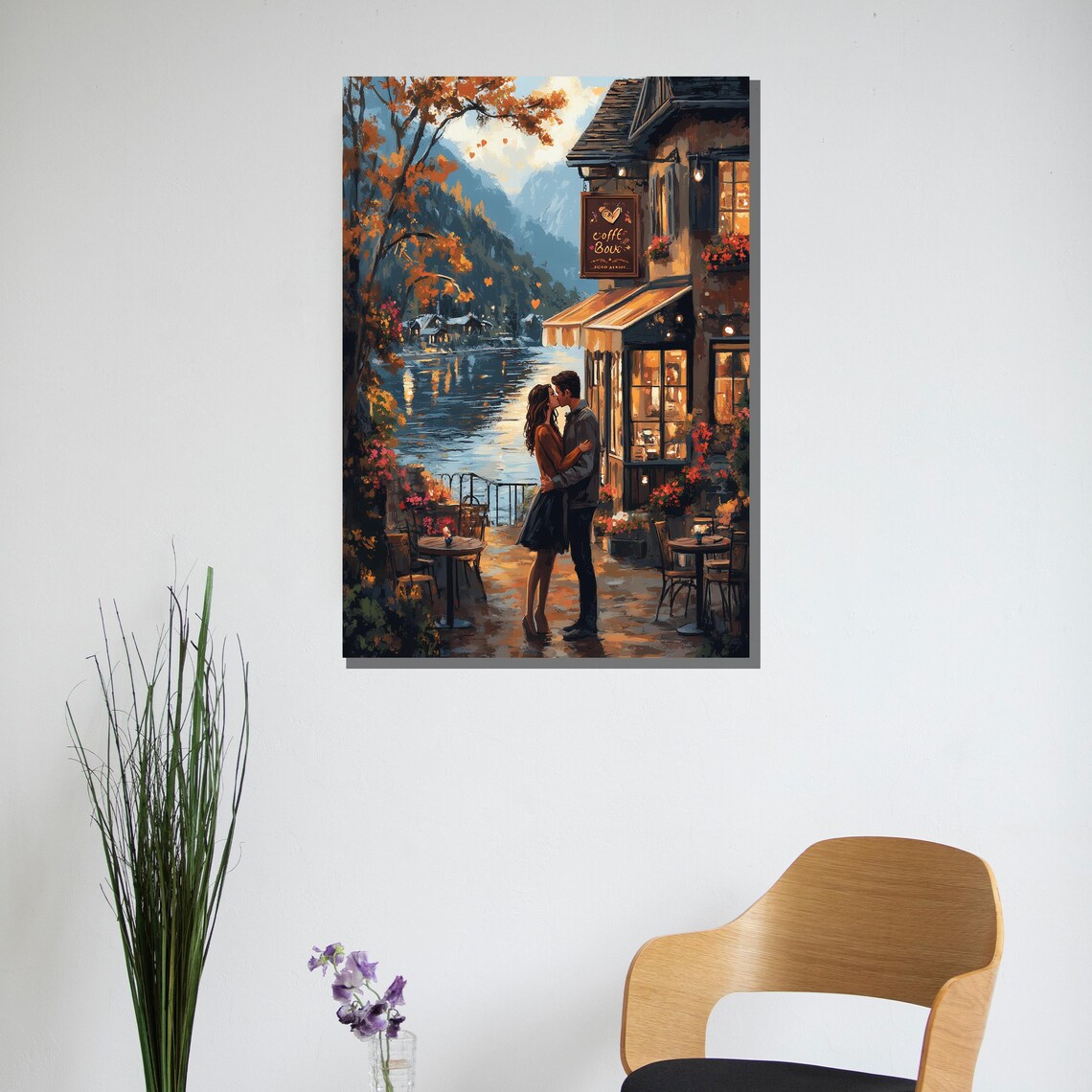 Romantic Lakeside Cafe Autumn Kiss Mountain Terrace Art Poster - Image 2