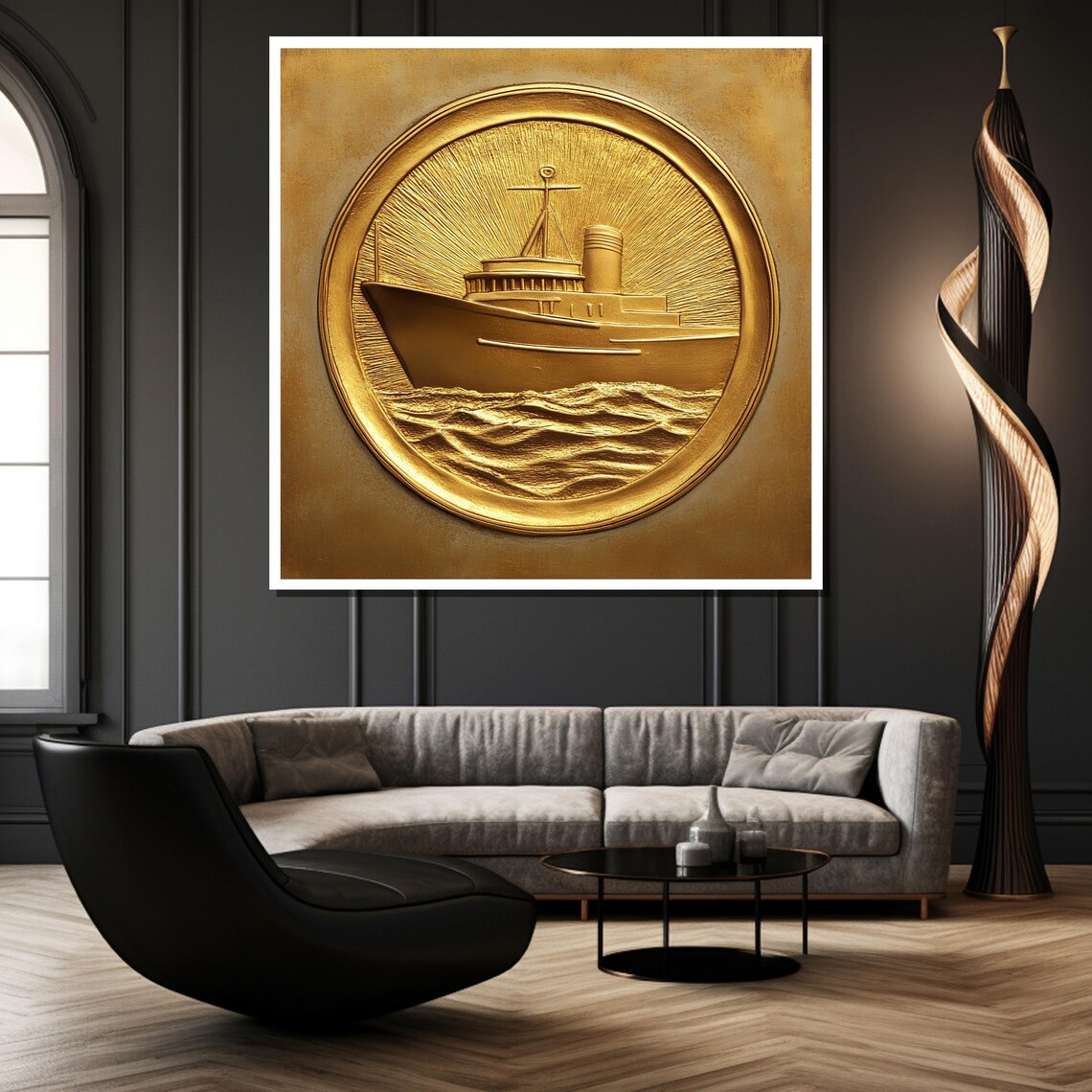 Golden Nautical Wall Art Embossed Ship Luxury Maritime Decor Large Framed Artwork Coastal Gift Idea Elegant Home Accent - Image 2