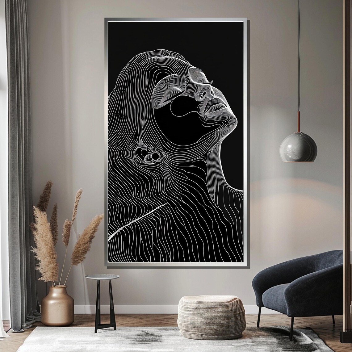 Modern Minimalist Woman Line Art White Contour Black Gold Framed Poster - Image 3