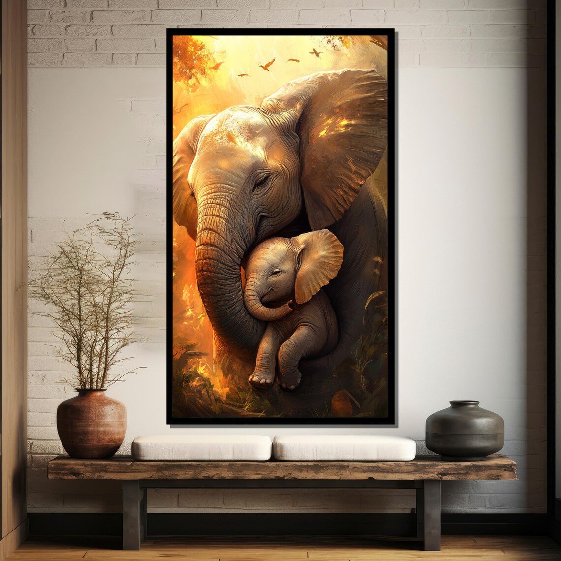 Mother Elephant Hugging Baby In Golden Sunset Painting Poster - Image 4