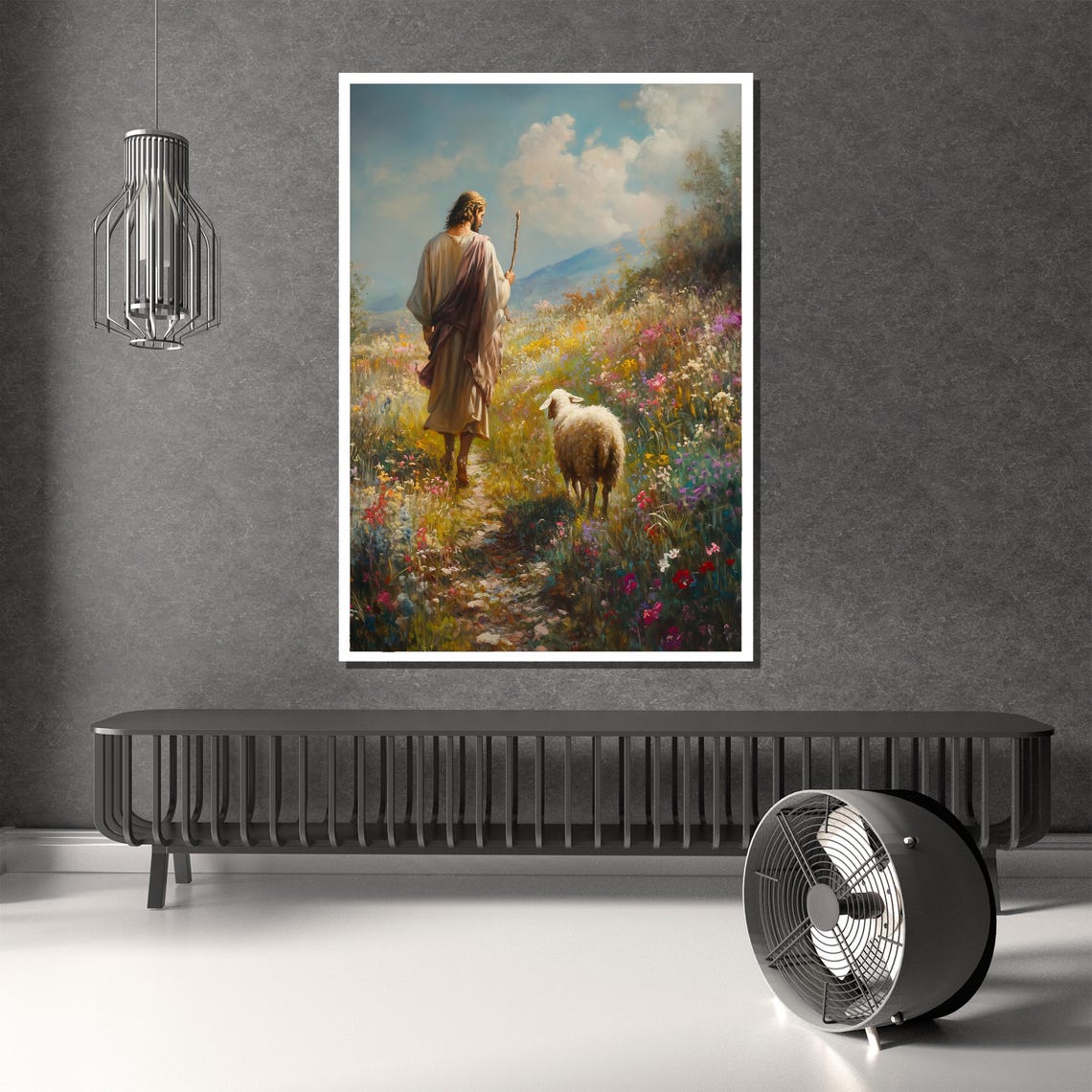 Jesus the Good Shepherd Walking with Lamb Flower Meadow Poster - Image 4