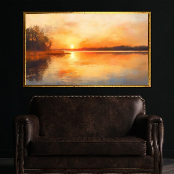 Modern Sunset Wall Art Large Framed Print Serene Lake Scene Painting Minimalist Decor Gift For Nature Lovers Living Room Art
