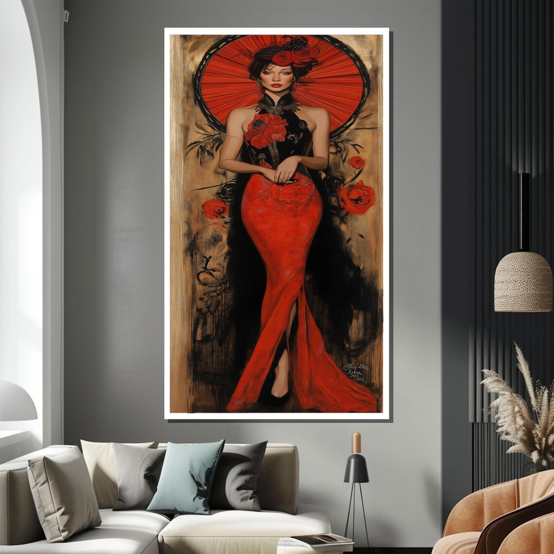 Red Elegance Geisha Inspired Striking Fashion Gown Painting Poster - Image 3