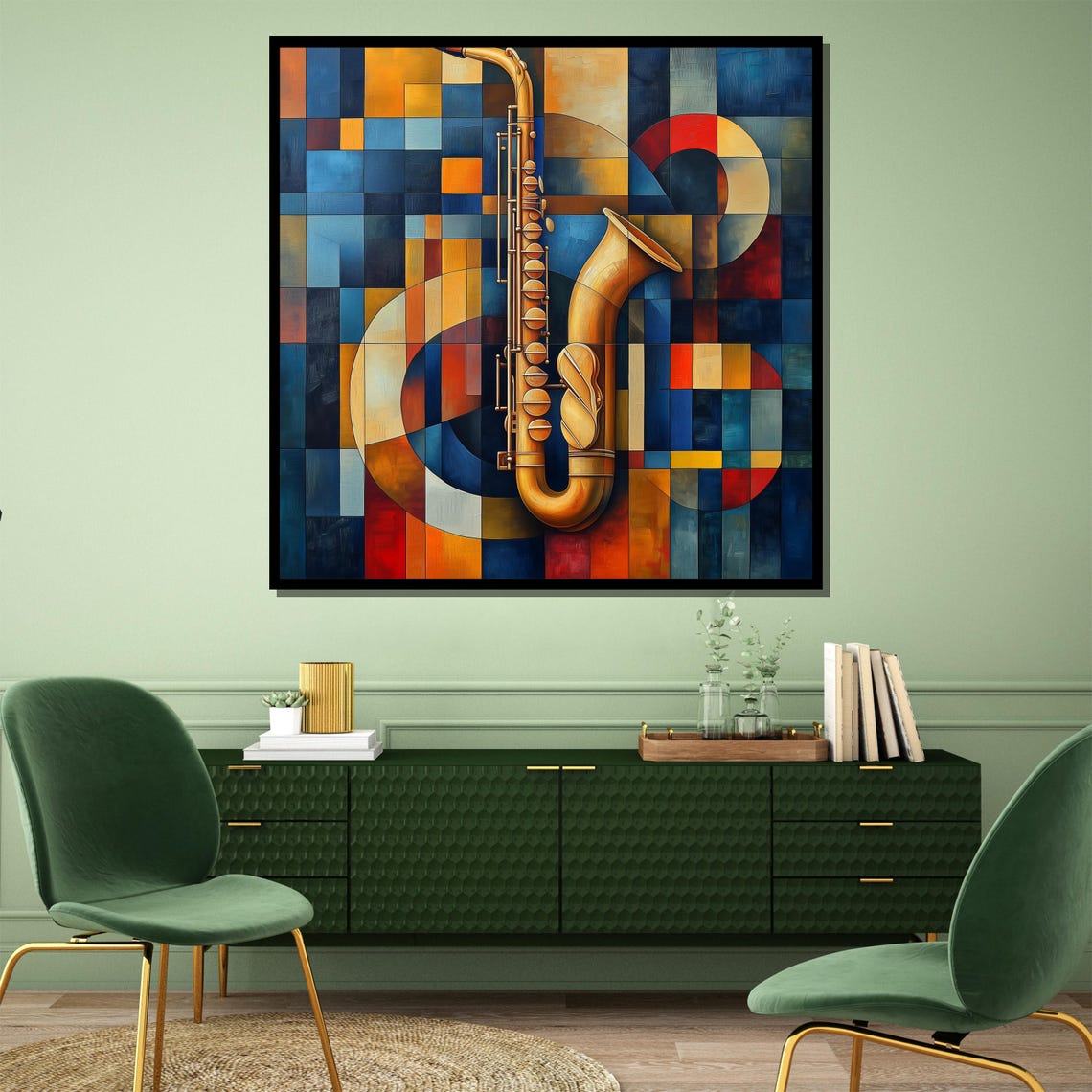 Colorful Geometric Saxophone Painting in Blue and Gold Poster - Image 4