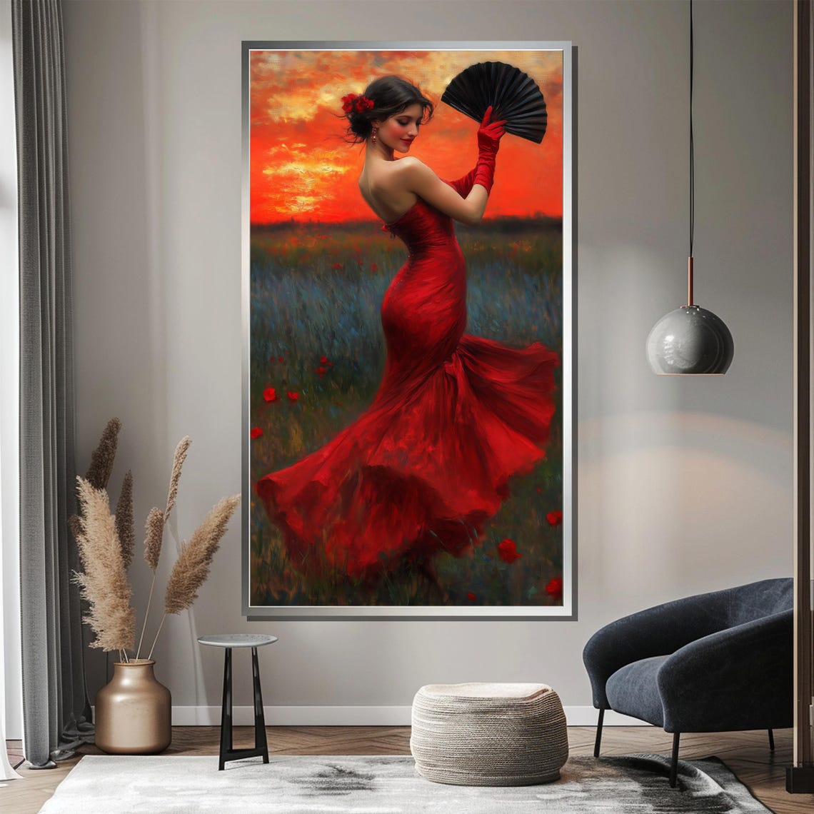 Flamenco Dancer Red Dress Sunset Field Spanish Art Wall Poster - Image 3
