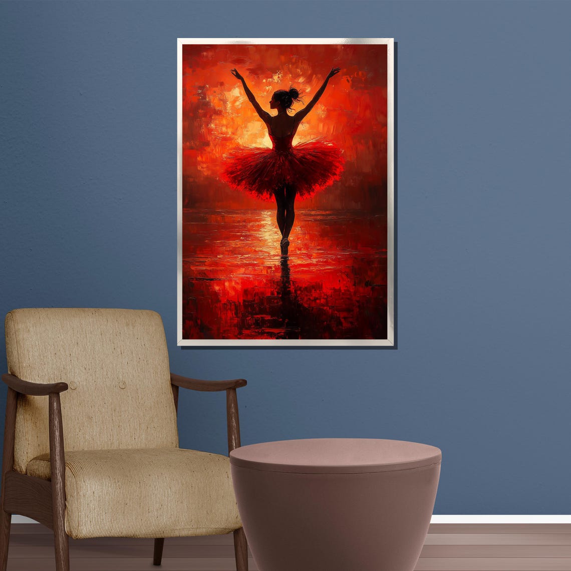 Fiery Ballerina Silhouette in Red Tutu at Sunset Over Water Poster - Image 3