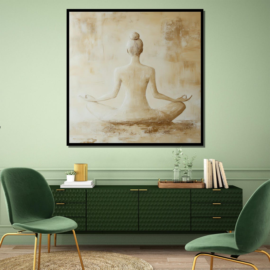 Woman Meditating From Behind in Soft Cream Minimalist Poster - Image 4