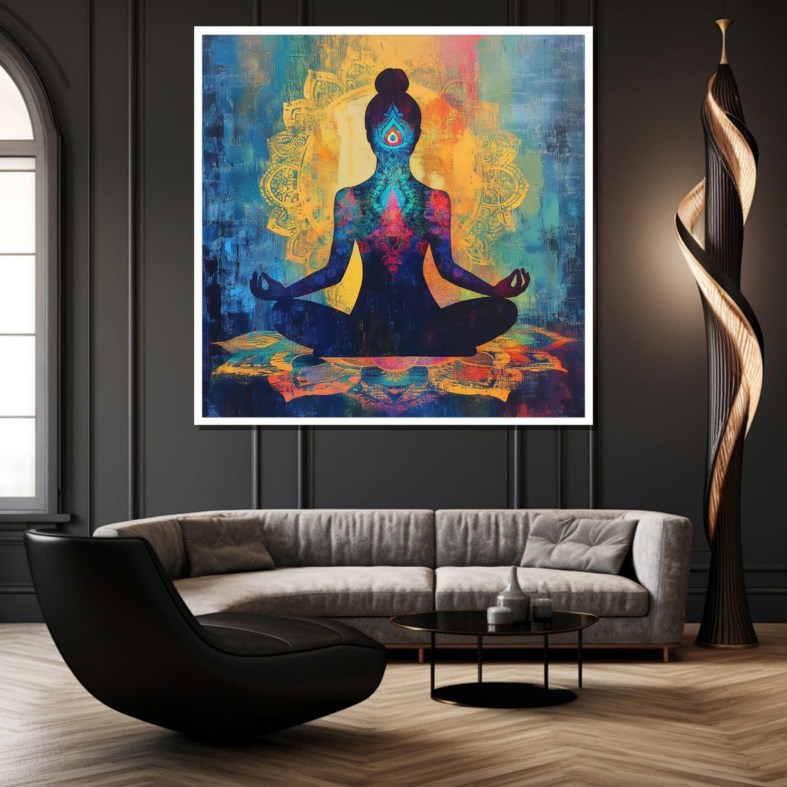 Vibrant Chakra Yoga Meditation With Golden Mandala Art Poster - Image 2