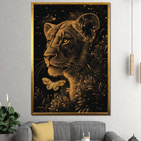 Golden Lioness Portrait with a Glowing Butterfly Elegant Wildlife Poster