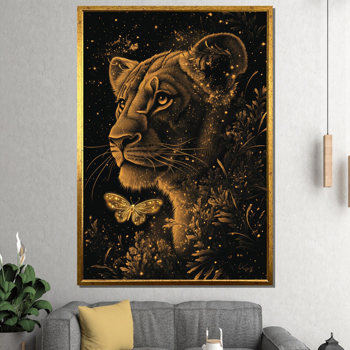 Golden Lioness Portrait with a Glowing Butterfly Elegant Wildlife Poster