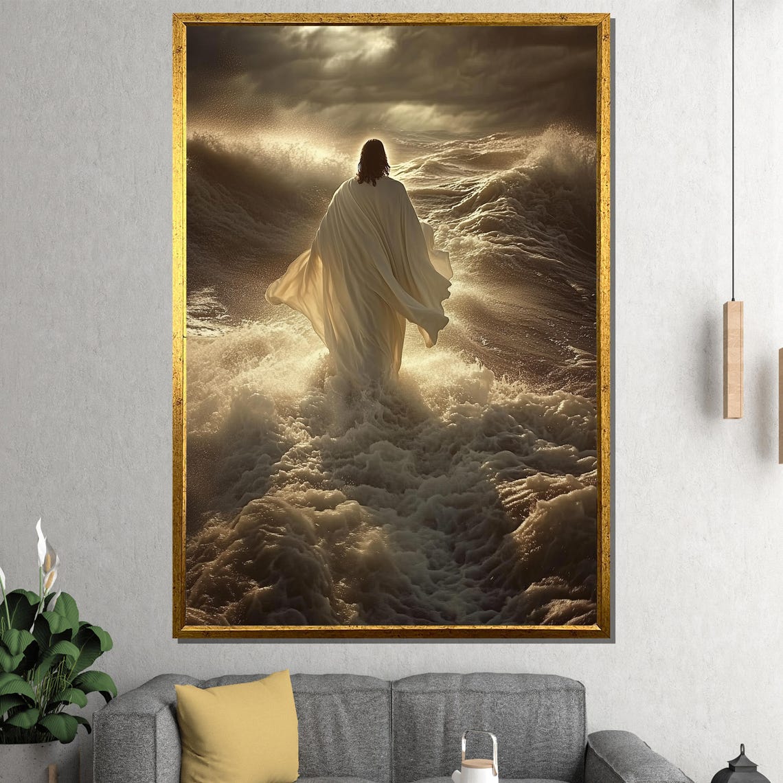 Jesus Walking on Water Golden Sepia Light Behind Waves Poster