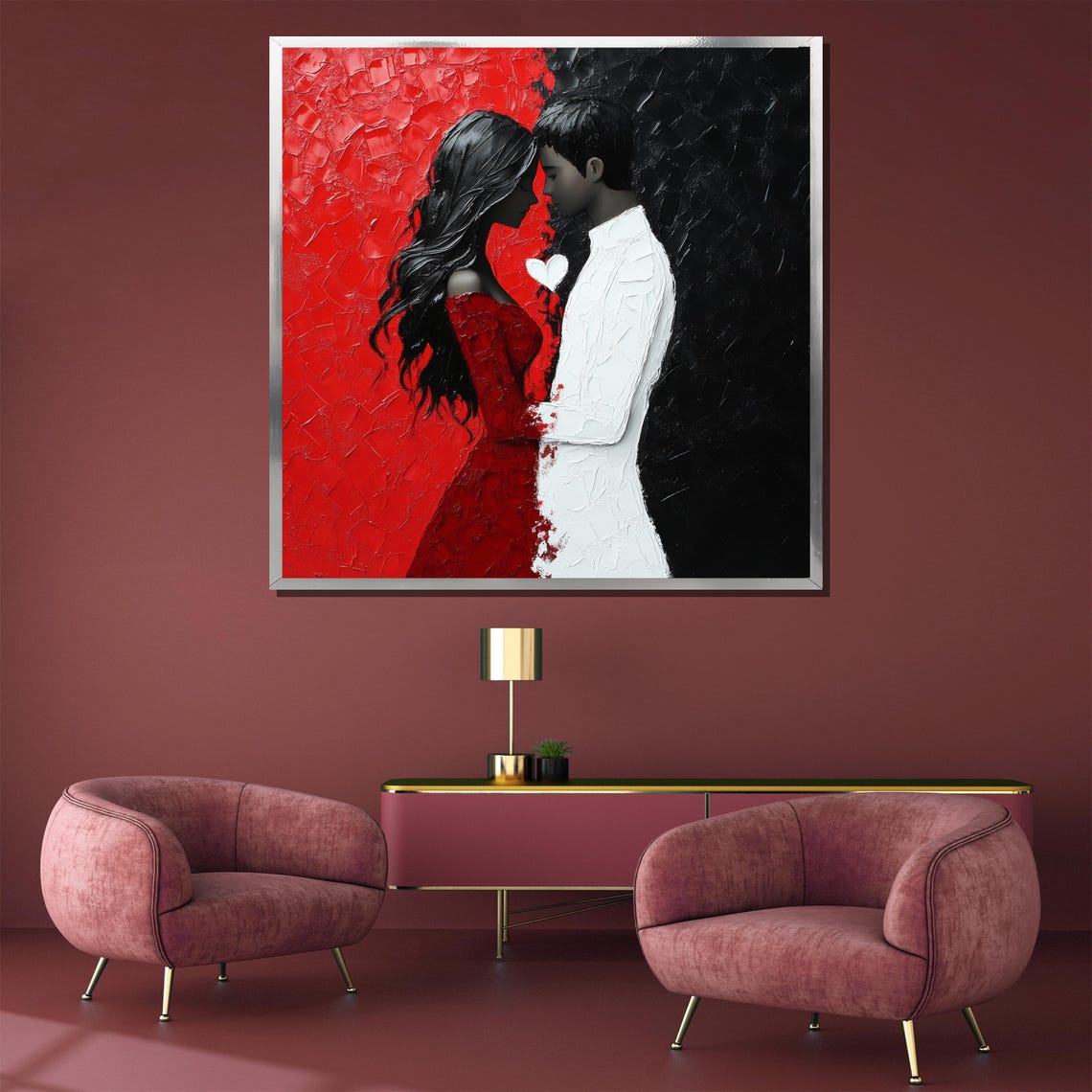 Red And Black Passionate Couple Textured Love Painting Art Poster - Image 4