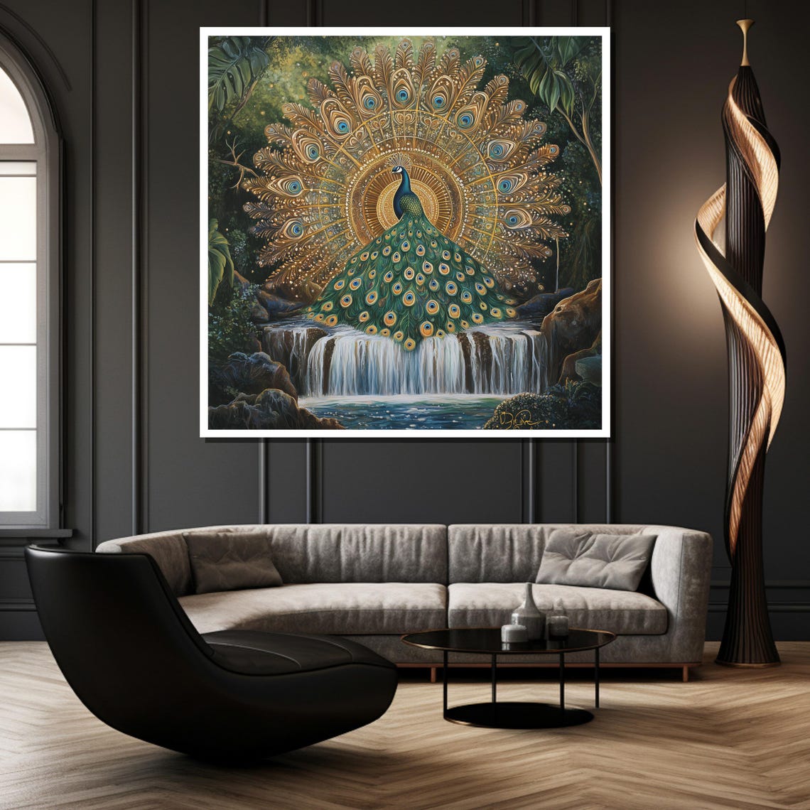 Golden Peacock Fanning Its Tail Over a Waterfall Jungle Poster - Image 2