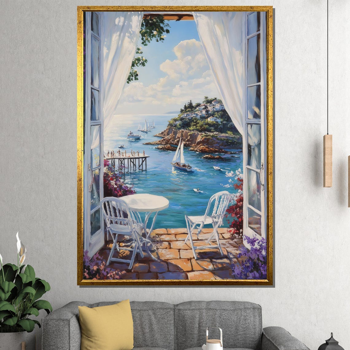 Sunlit Balcony Overlooking The Sea With Sailboats Painting Poster