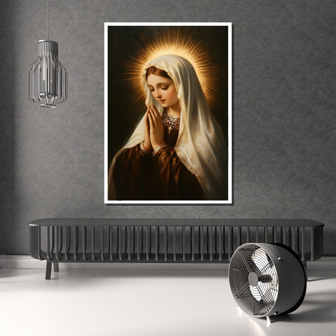 Praying Virgin Mary White Veil Golden Halo Religious Art Poster - Image 4
