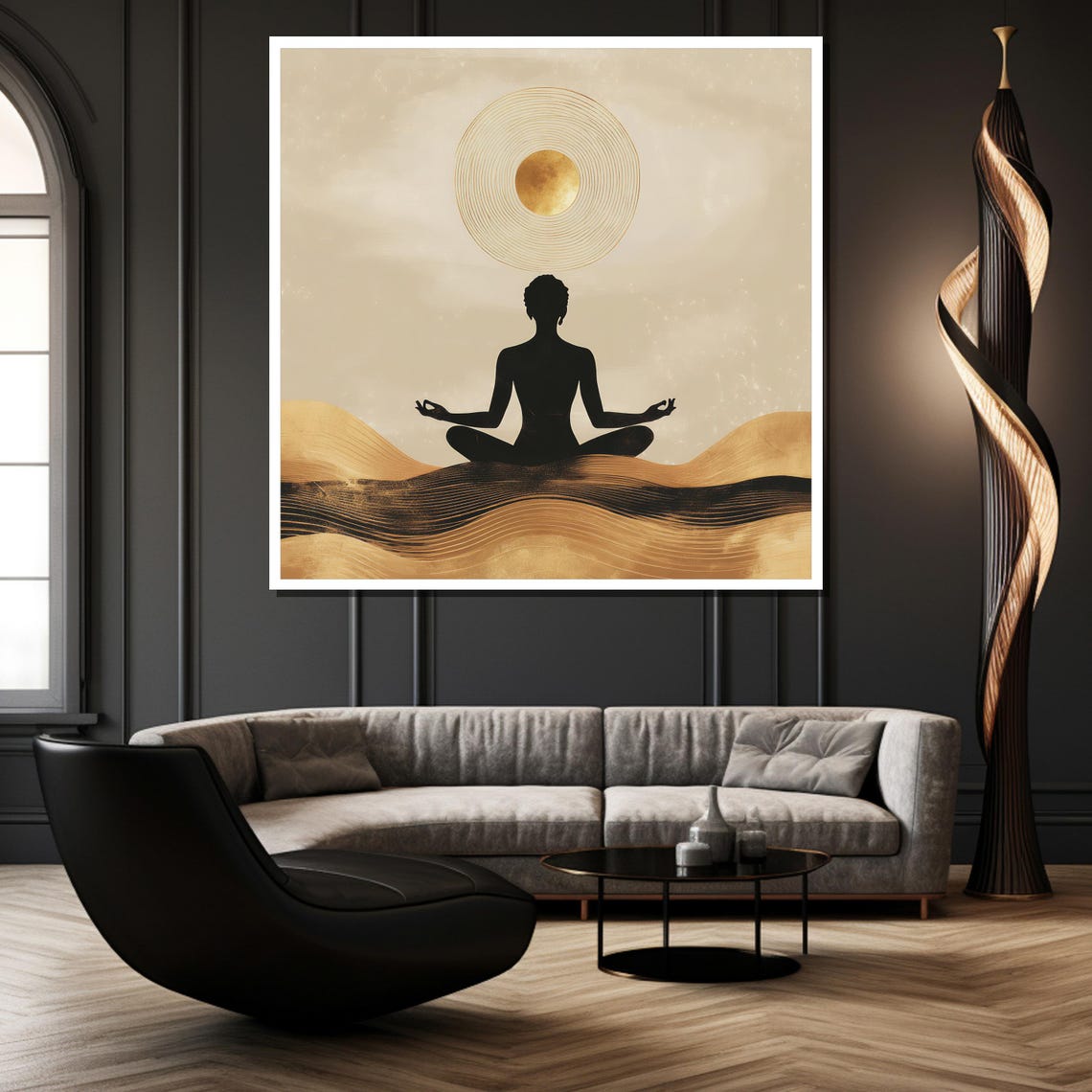 Golden Meditation Silhouette Sun Over Waves Minimalist Wall Poster - Image 2