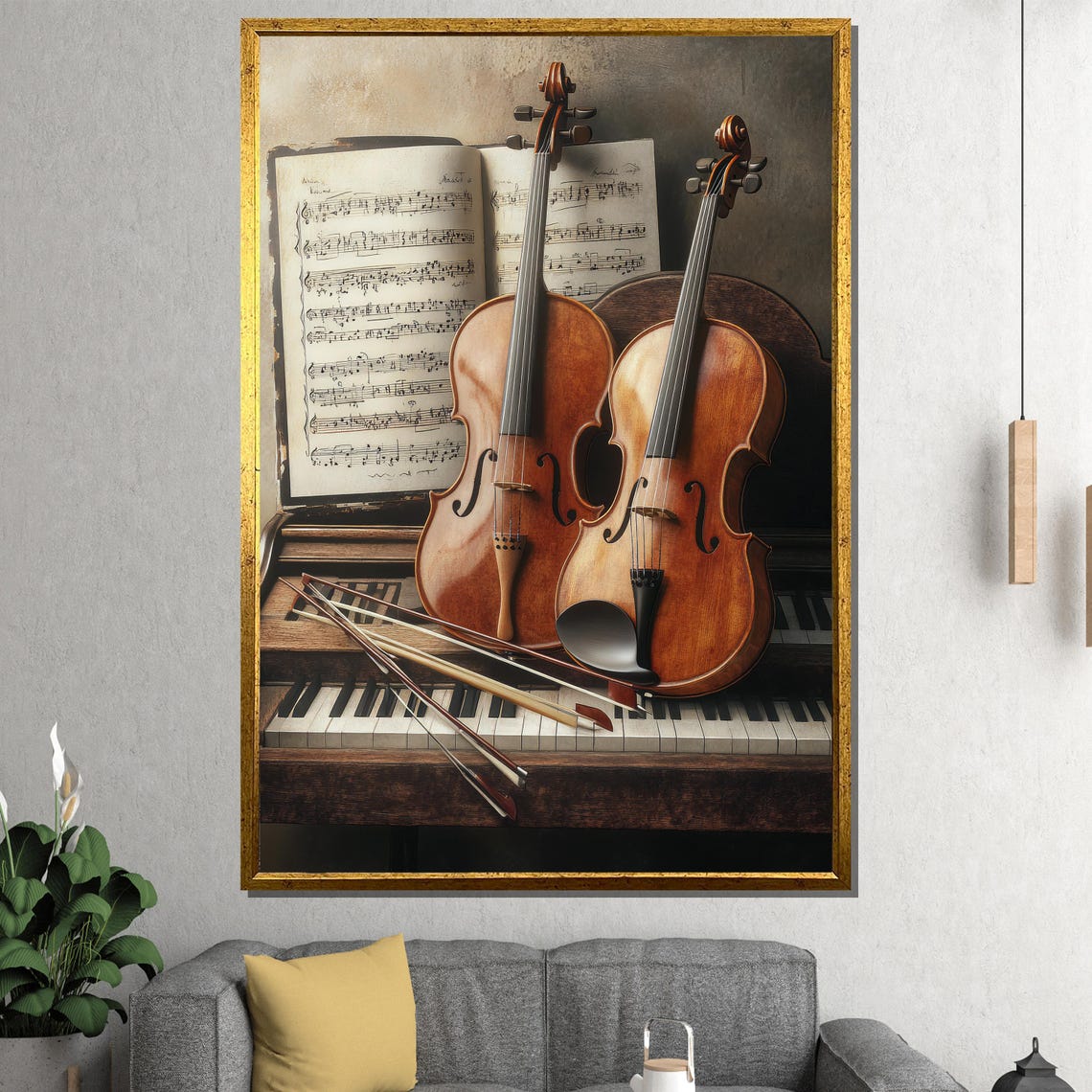 Two Violins Resting on Piano Keys Classical Still Life Art Poster