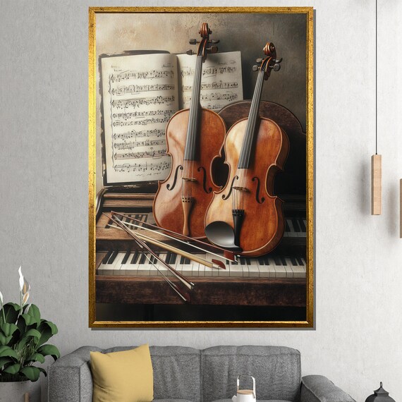 Two Violins Resting on Piano Keys Classical Still Life Art Poster