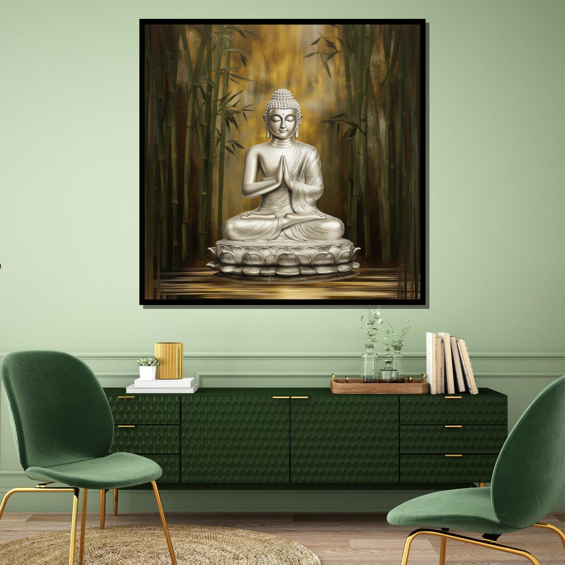 Silver Buddha Statue on a Lotus Among Golden Bamboo Forest Poster - Image 4