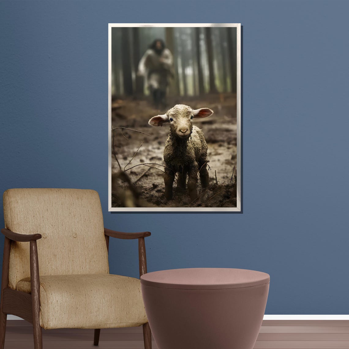 Lost Lamb in Misty Forest Path Shepherd Behind Faith Art Poster - Image 5