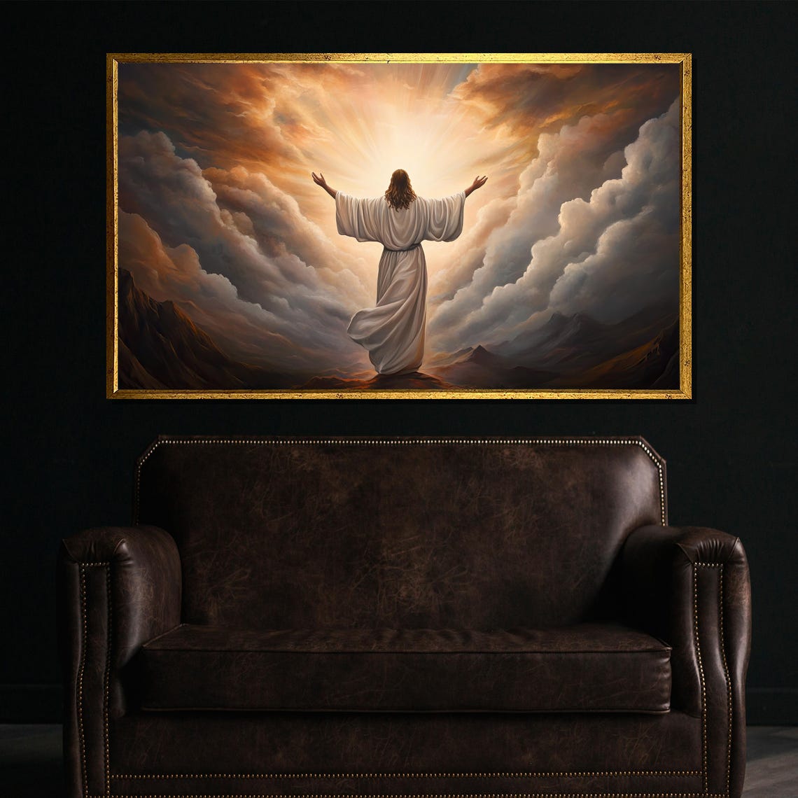Jesus Rising Arms Outstretched Golden Clouds Heaven Wall Poster