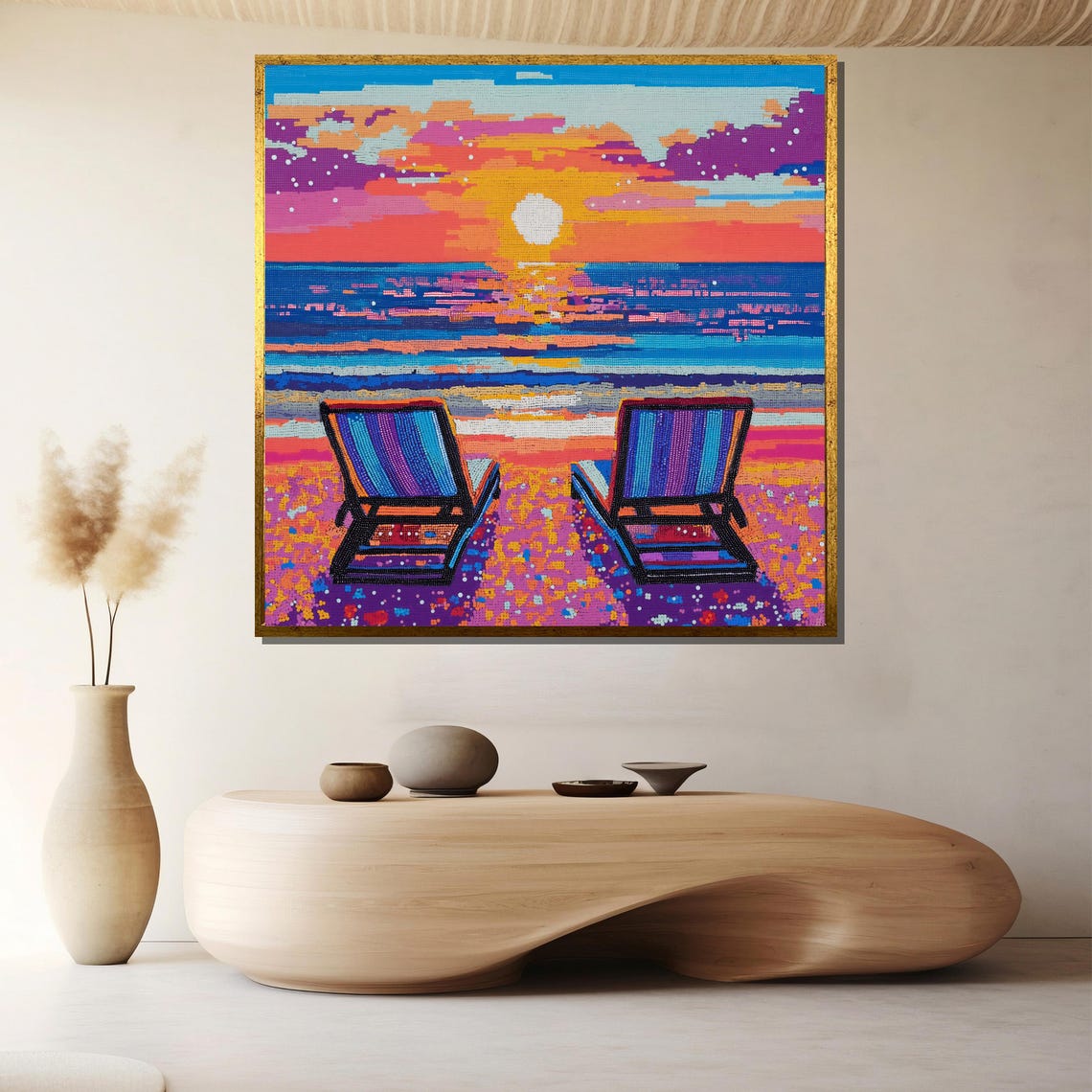 Stunning Pop Art Beach Chairs Neon Sunset Ocean Scene Poster