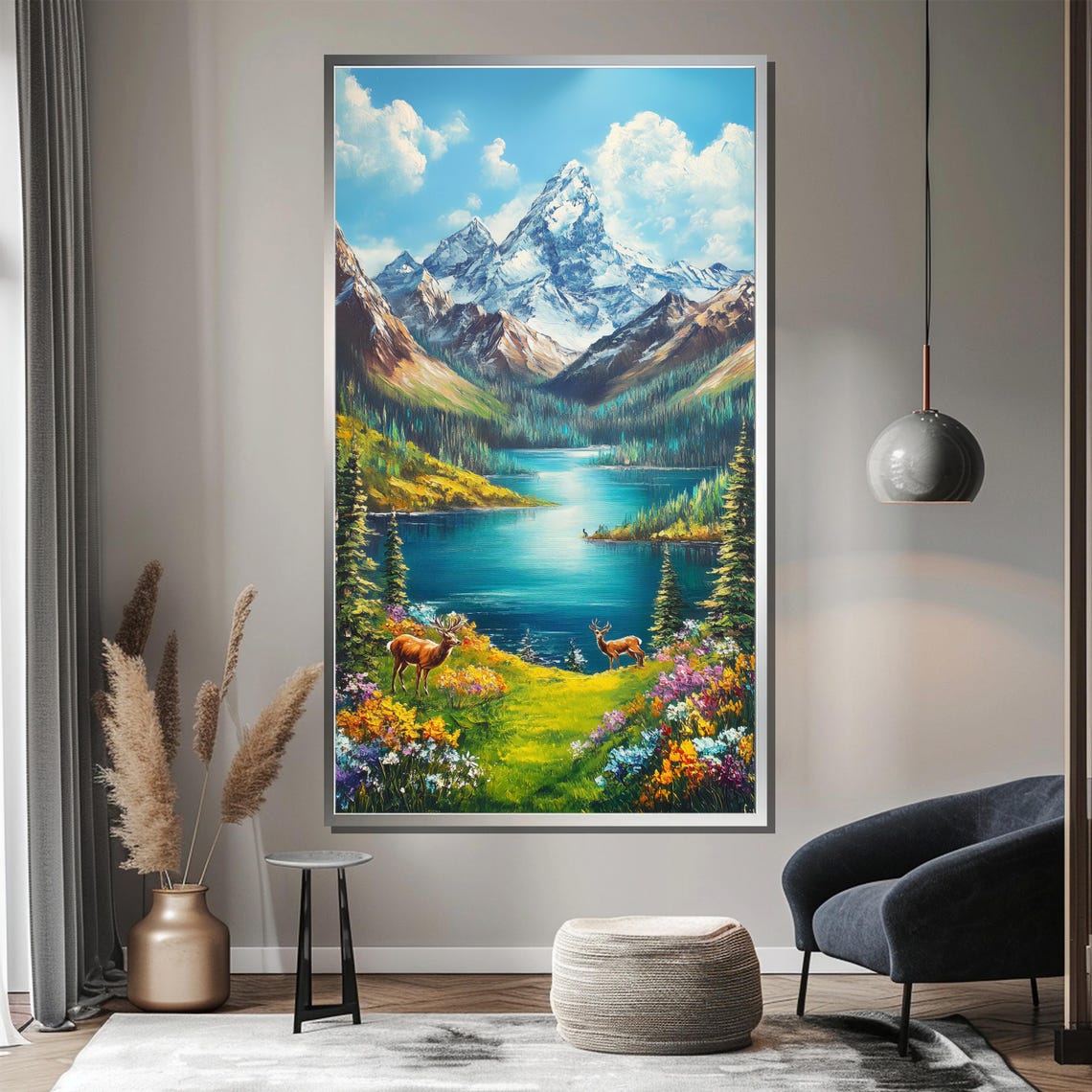 Snowcapped Mountain Lake Deer and Wildflower Meadow Scenic Poster - Image 3
