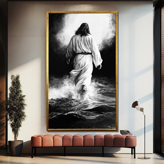 Jesus Walking on Water Black and White Dramatic Stormy Sea Poster