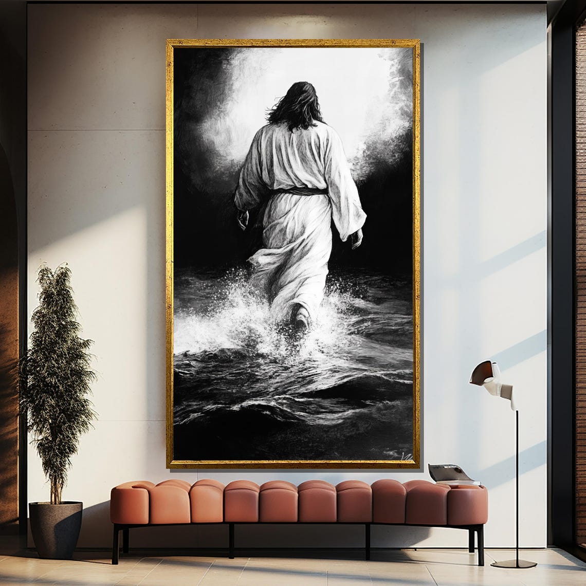 Jesus Walking on Water Black and White Dramatic Stormy Sea Poster
