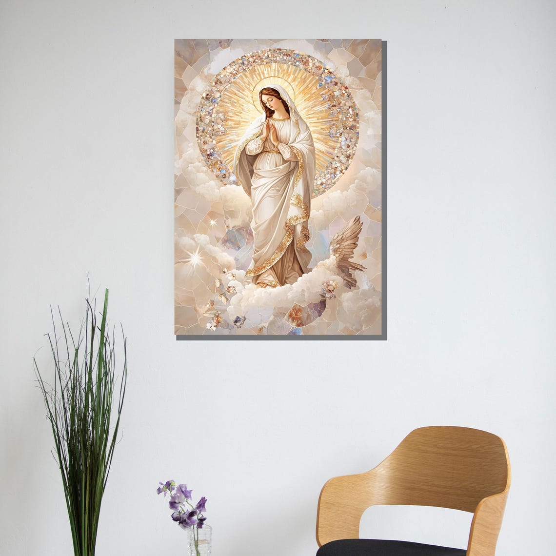 Virgin Mary Praying in Clouds Golden Halo Marian Devotion Poster - Image 3