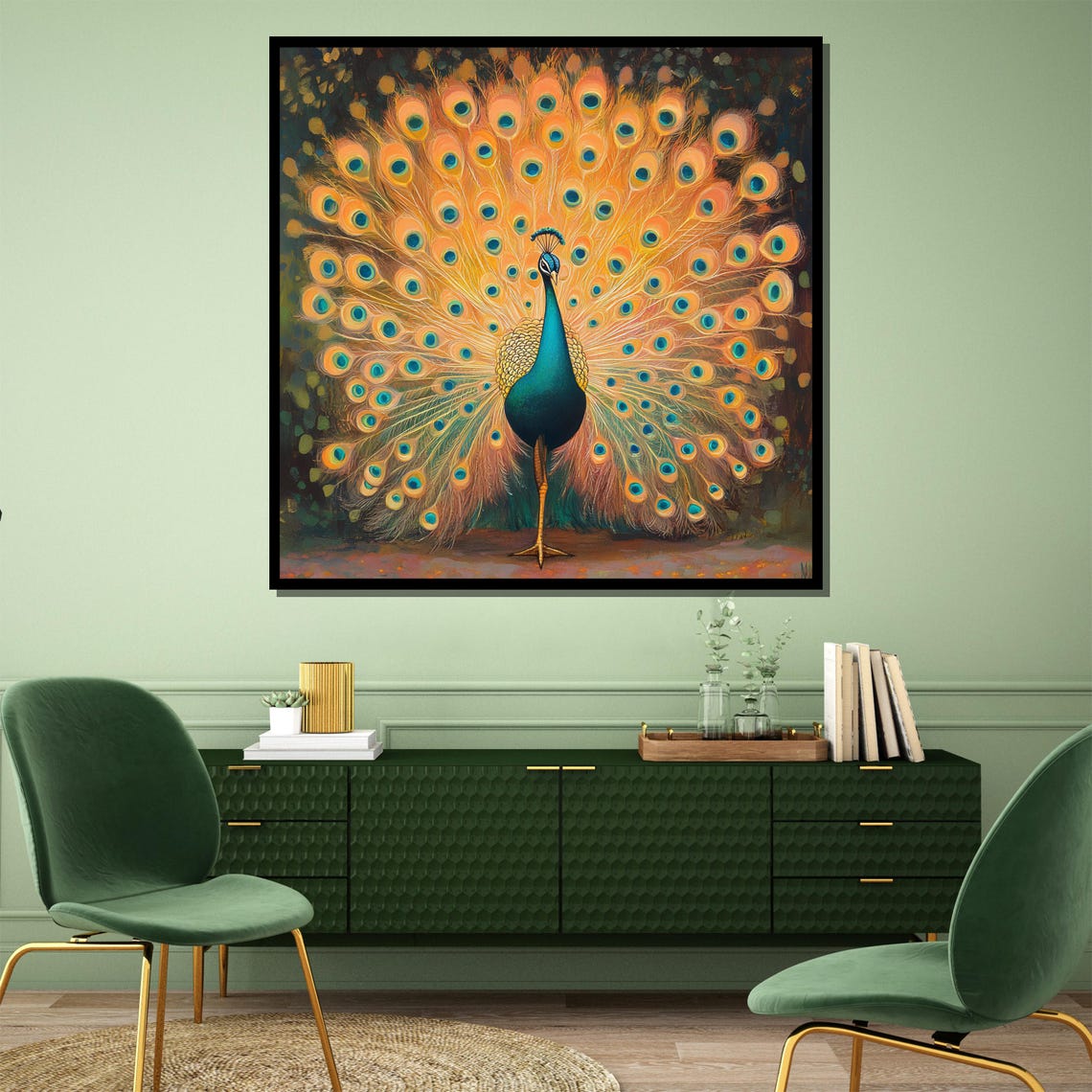 Golden Peacock Full Feather Fan Glowing Garden Setting Art Poster - Image 4