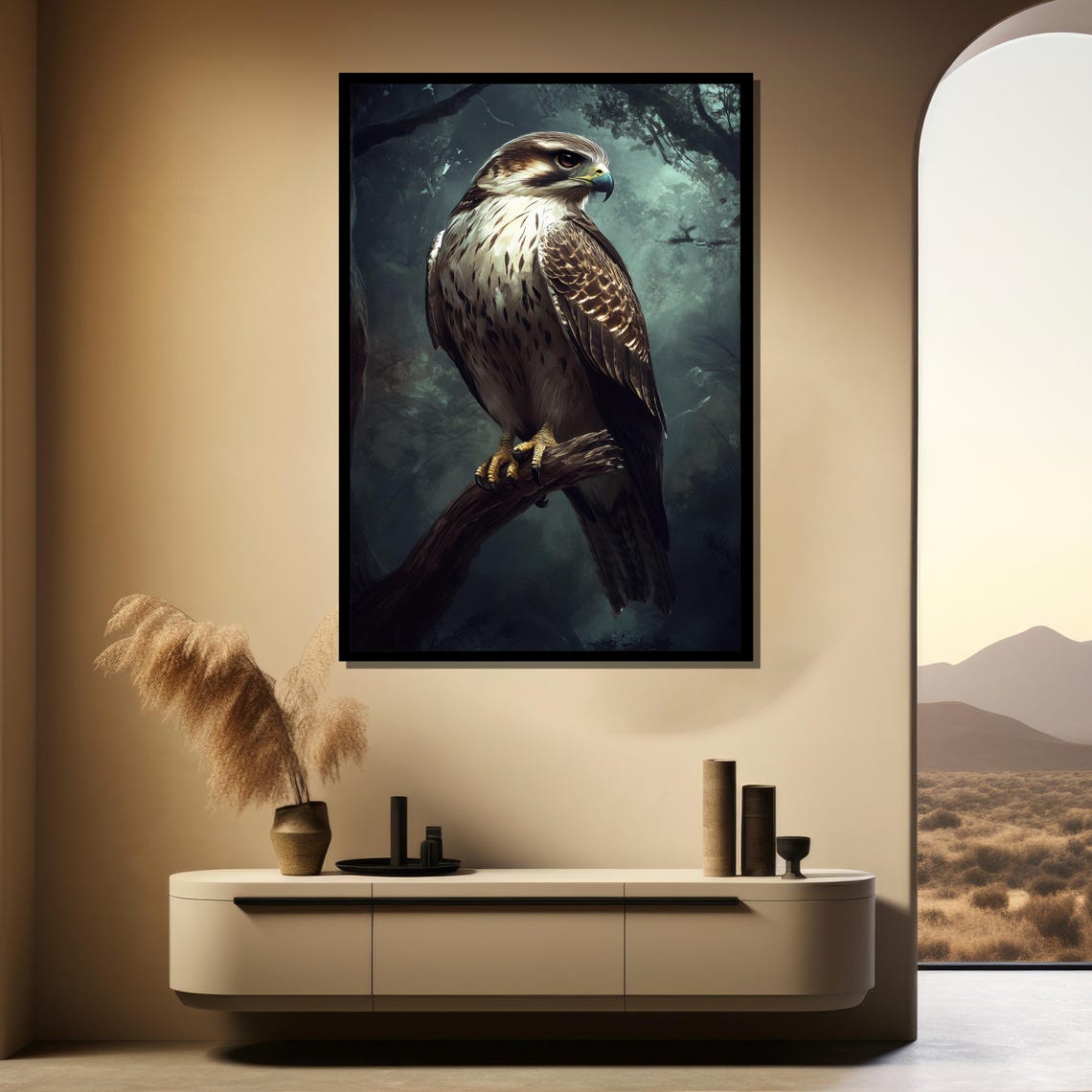 Falcon Perched on a Bare Branch in a Moody Dark Forest Poster - Image 4