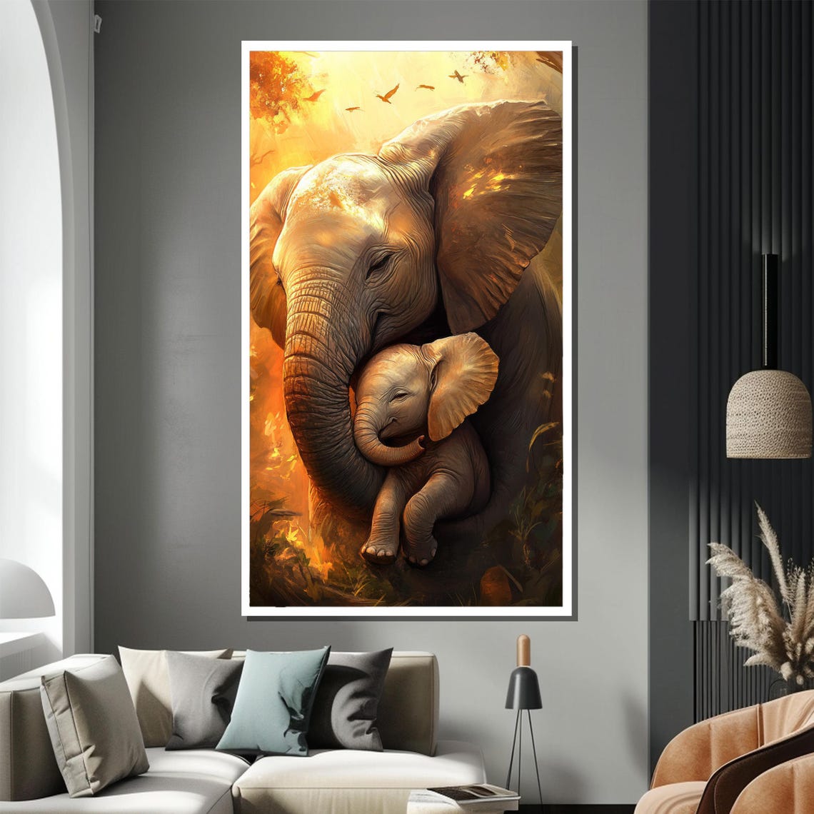 Mother Elephant Hugging Baby In Golden Sunset Painting Poster - Image 2
