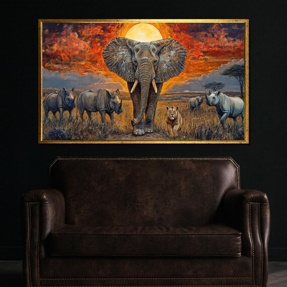 African Safari Sunset Elephant Rhino Lion Golden Framed Wildlife Poster